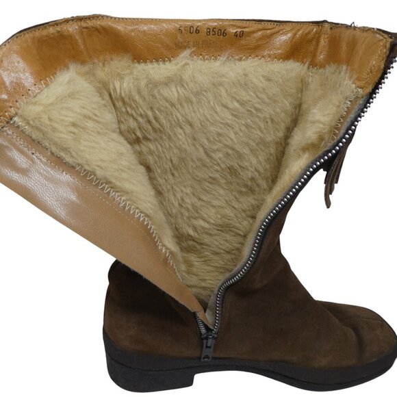 Vintage Val Brown Suede Fringe Sherpa Lined Boho Mid Calf Boots Womens 40 US 9 - Picture 6 of 13